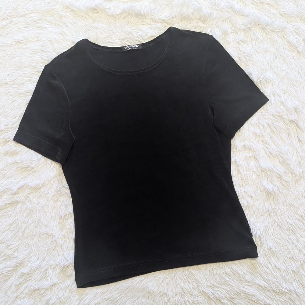 90s Vintage Softwear Mark Singer Slinky Stretchy Black Scoop Neck Tee - Picture 2 of 6